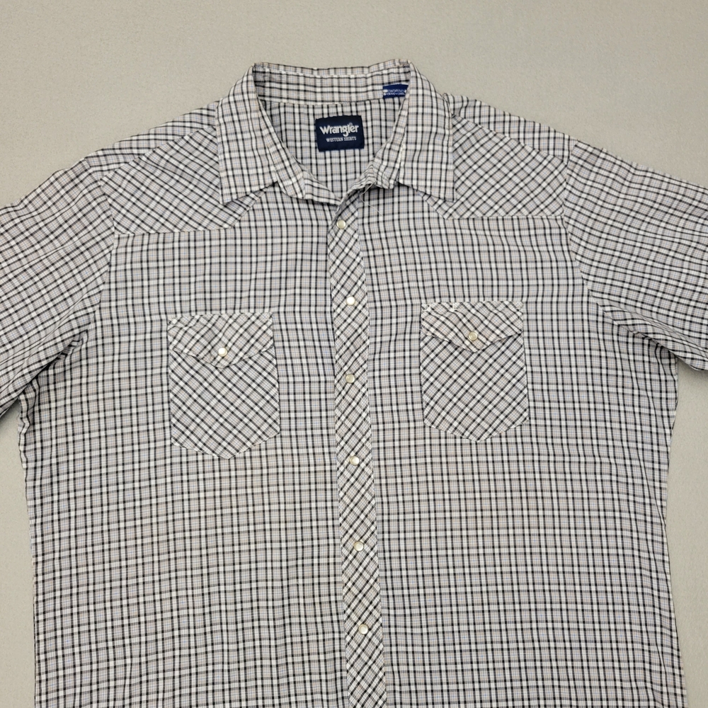 Wrangler Shirt Men 2XT Western Pearl Snap White/Blue Plaid Short Sleeve.